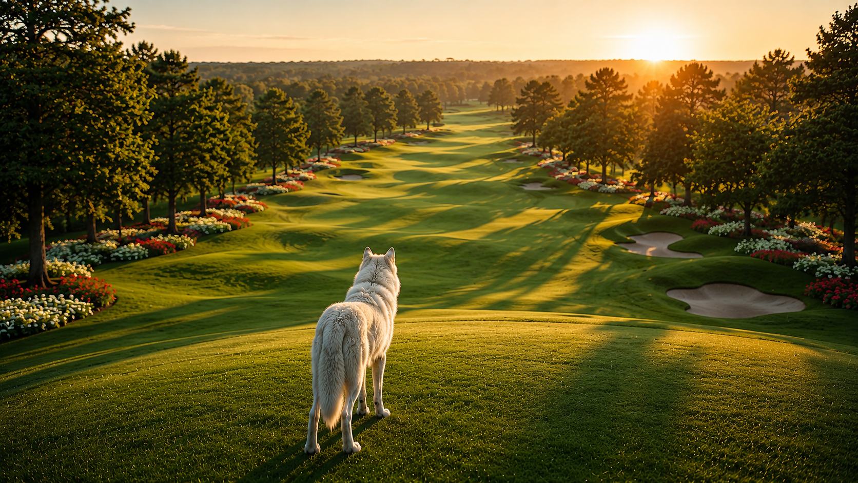 Loup blanc contemplant un paysage au coucher du soleil — film Alpha Fitting