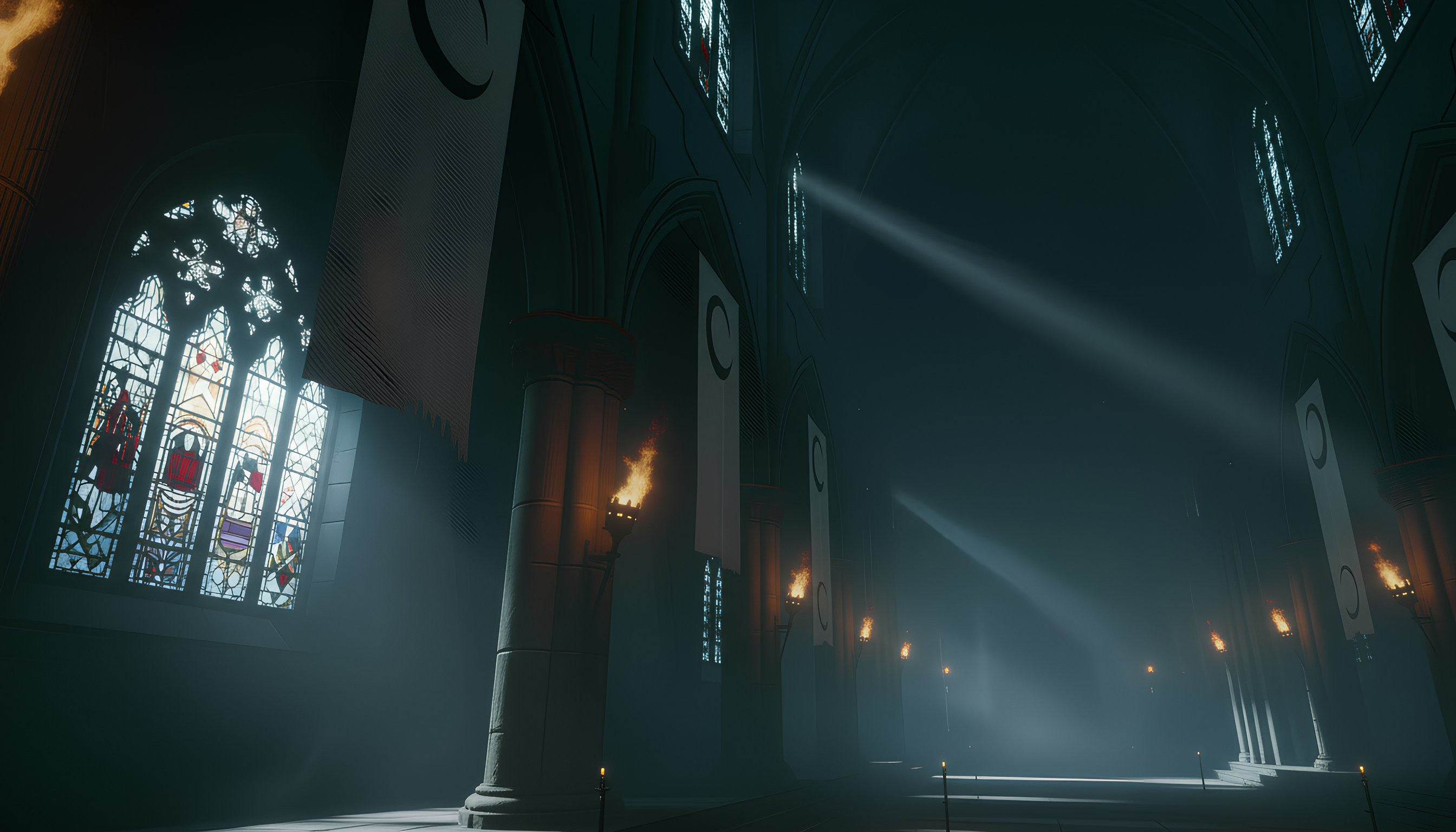 Intérieur d'une cathédrale traversé par des rais de lumière