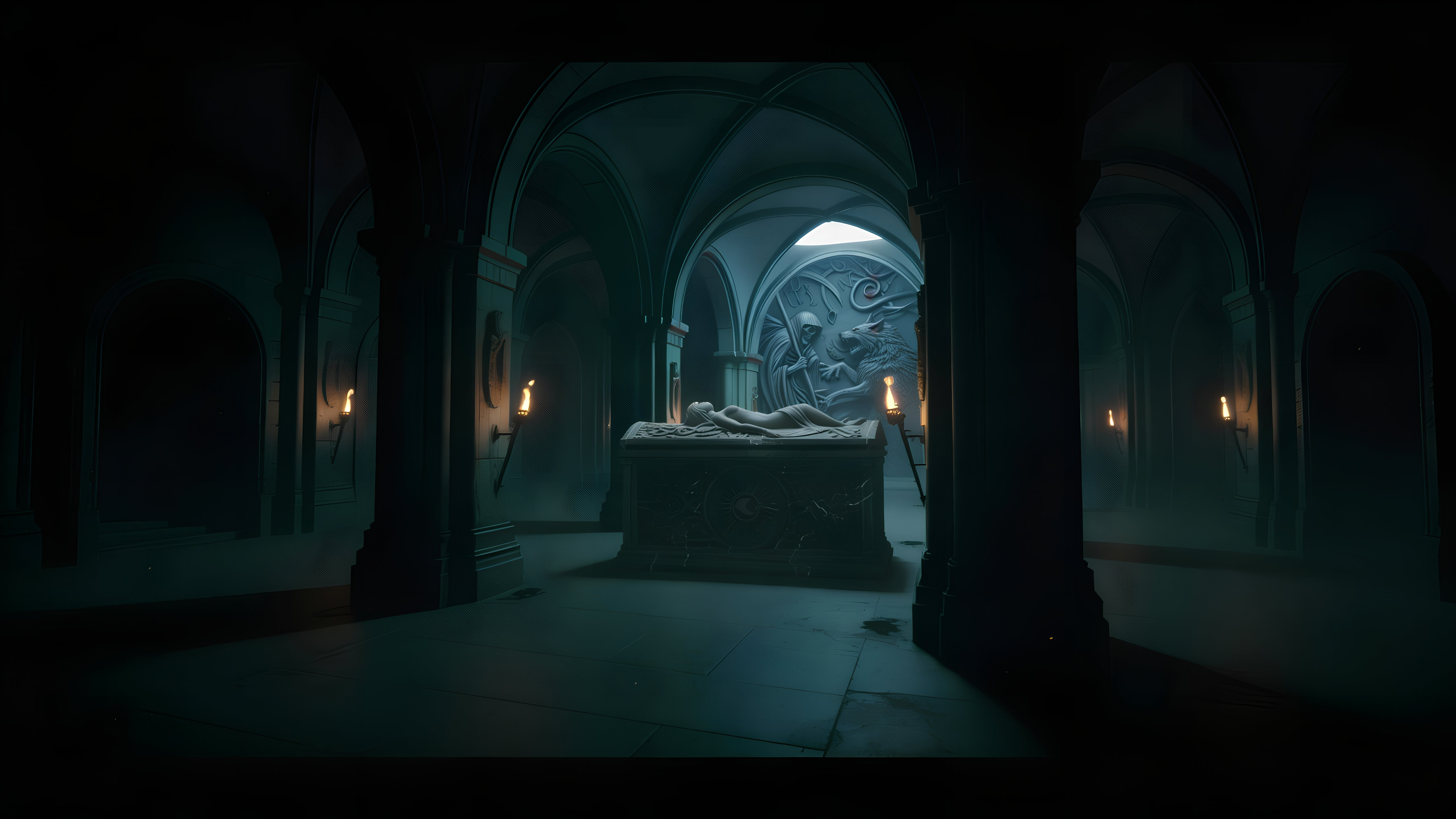 Sarcophage dans une crypte éclairée aux flambeaux