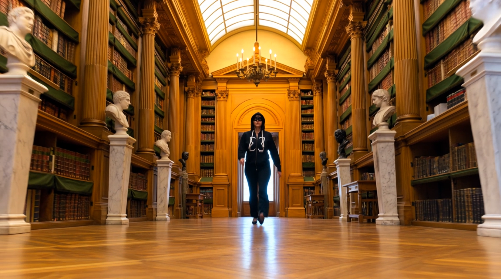 Myriam traversant une bibliothèque boisée ornée de bustes de marbre