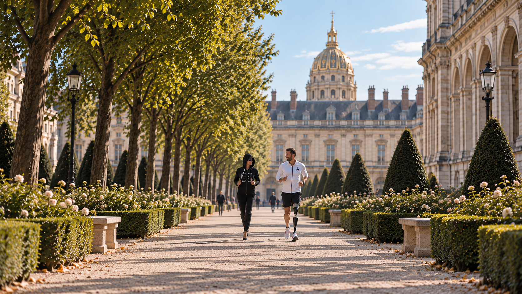 Myriam et un coureur dans une allée arborée face au dôme des Invalides