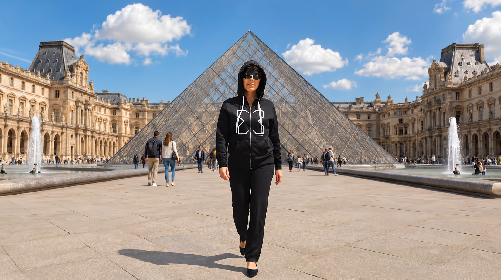 Myriam marchant devant la Pyramide du Louvre