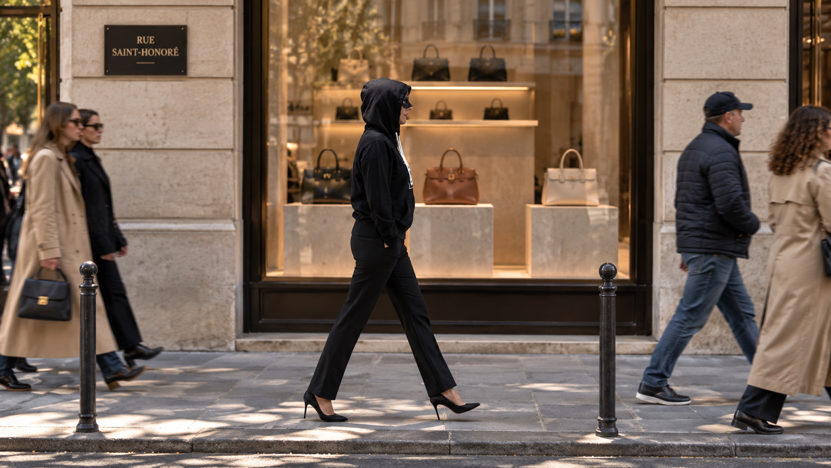 Myriam marchant rue Saint-Honoré devant une vitrine de maroquinerie
