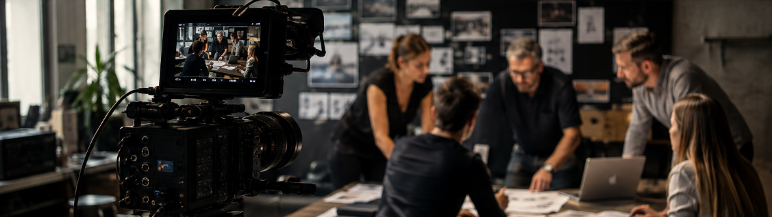Réunion de préparation autour d'un plan de tournage, caméra installée sur pied