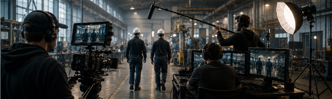 Tournage d'un film corporate en site industriel : caméra, perche son et régie vidéo
