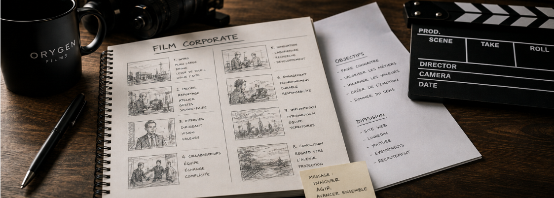 Storyboard de film corporate ORYGEN FILMS, notes de production et clap de tournage
