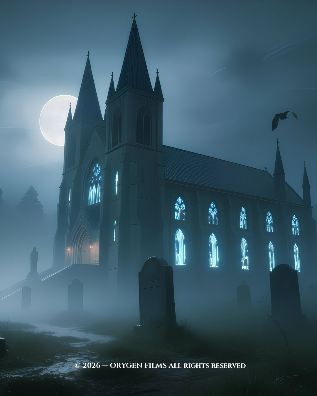 Église gothique dans la brume sous la pleine lune — décor de HEIRATE MICH généré par IA