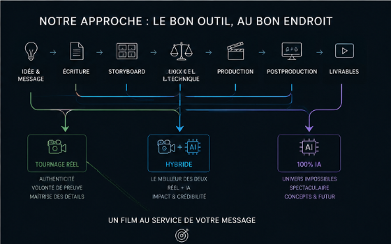 Notre approche : de l'idée aux livrables, choix de la technique à chaque étape — tournage réel, hybride ou 100 % IA