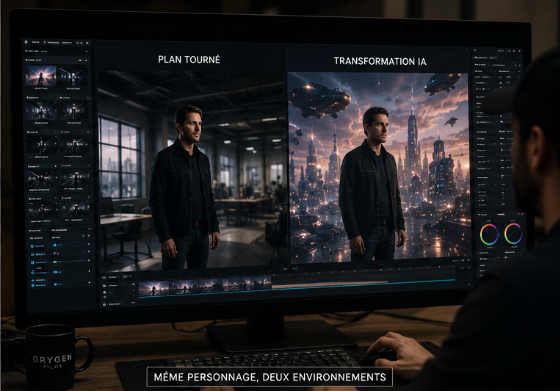 Comparaison en salle de montage : plan tourné à gauche, transformation IA du même personnage à droite