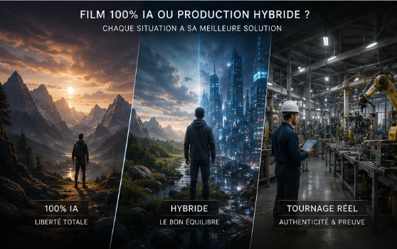 Trois approches comparées : 100 % IA, hybride et tournage réel