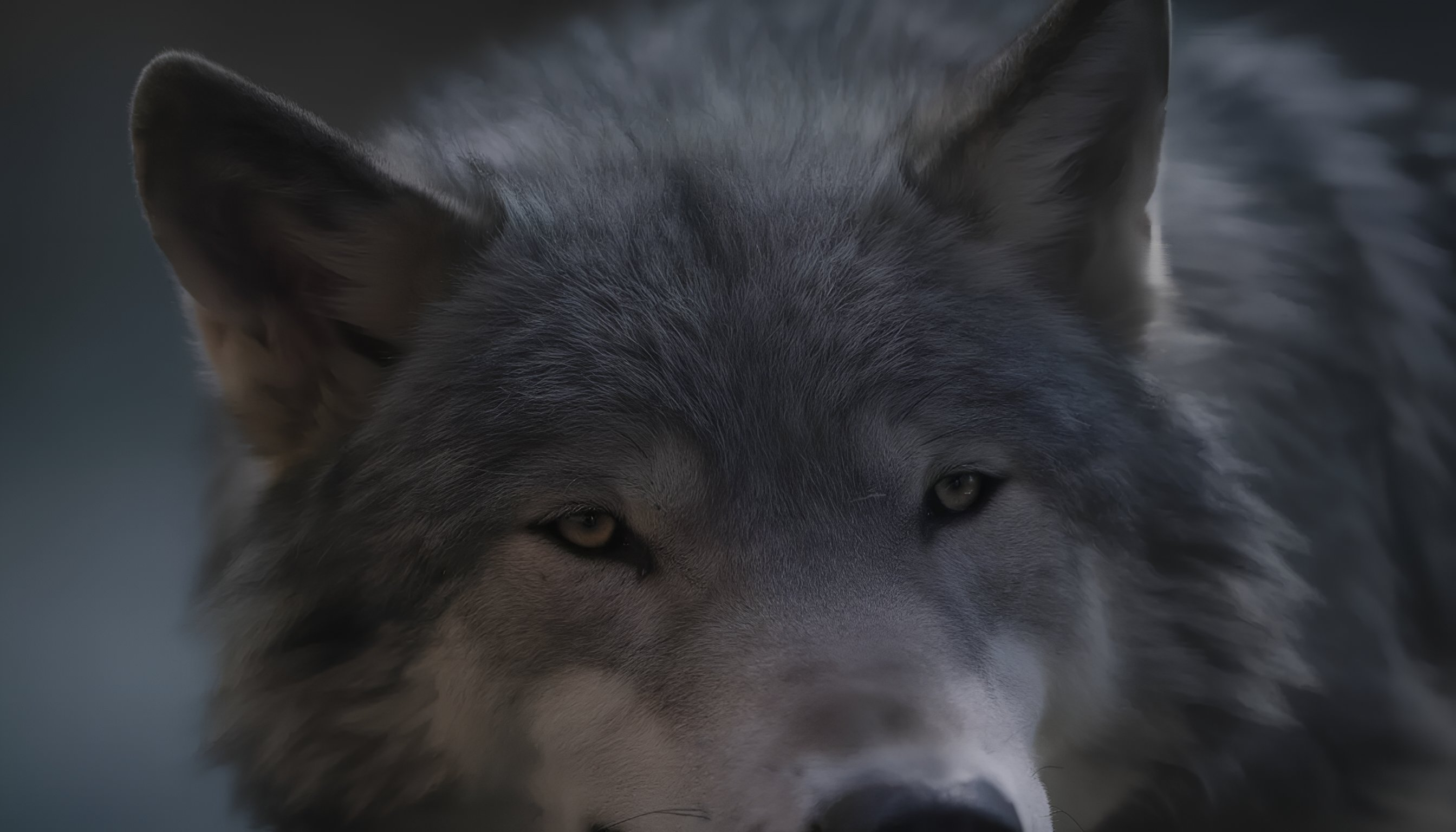 Gros plan d'un loup généré par IA — matière, fourrure et regard au service du sound design