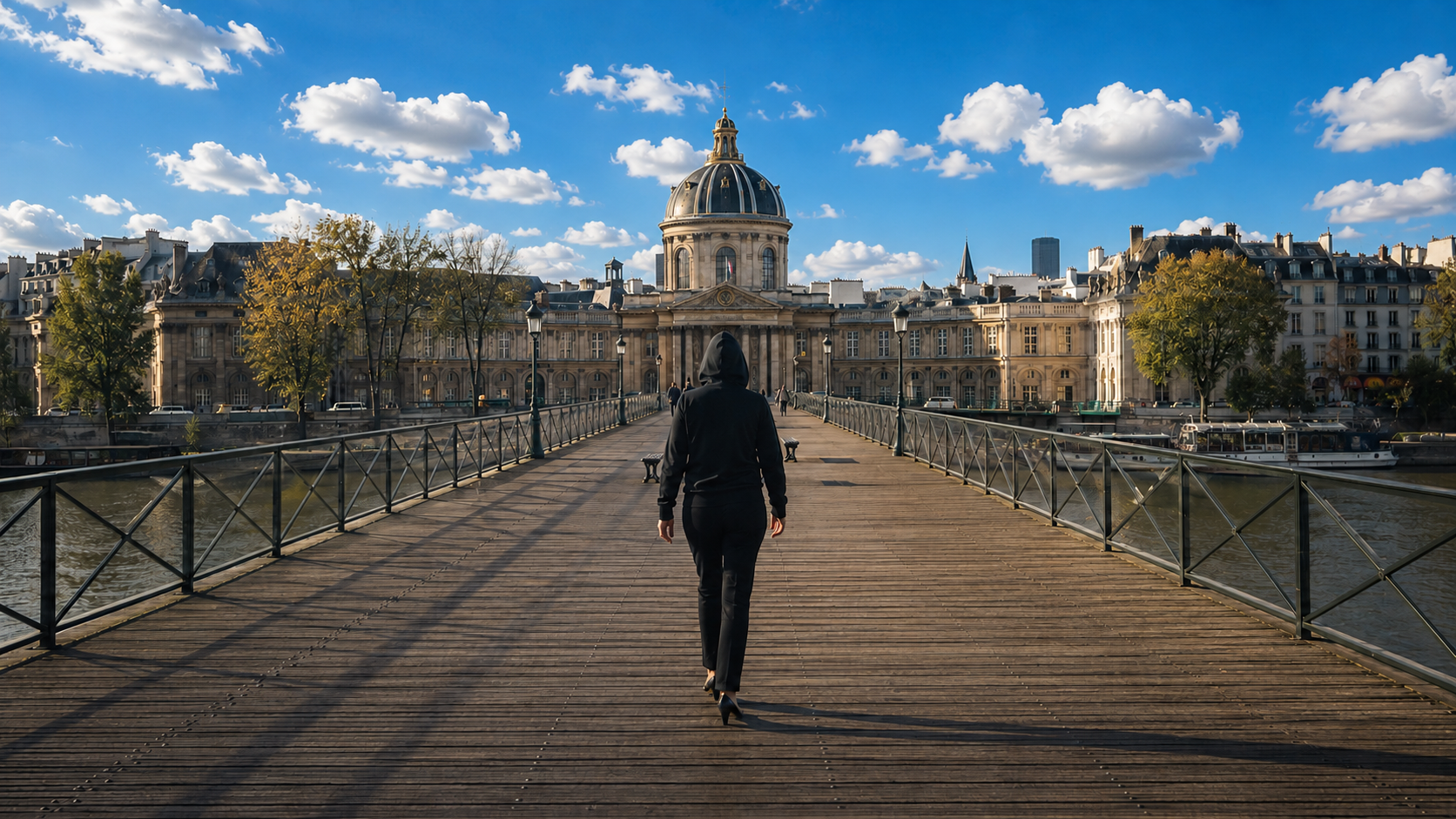 Personnage traversant le pont des Arts face à l'Institut de France — séquence générative ORYGEN FILMS