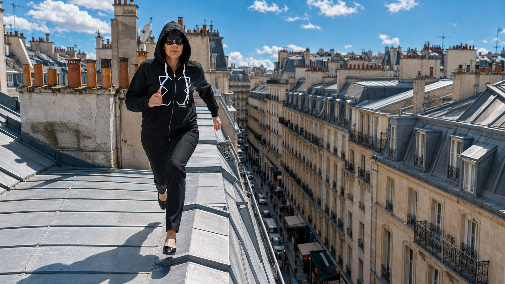 Personnage courant sur les toits de Paris — séquence créée avec l'IA par ORYGEN FILMS