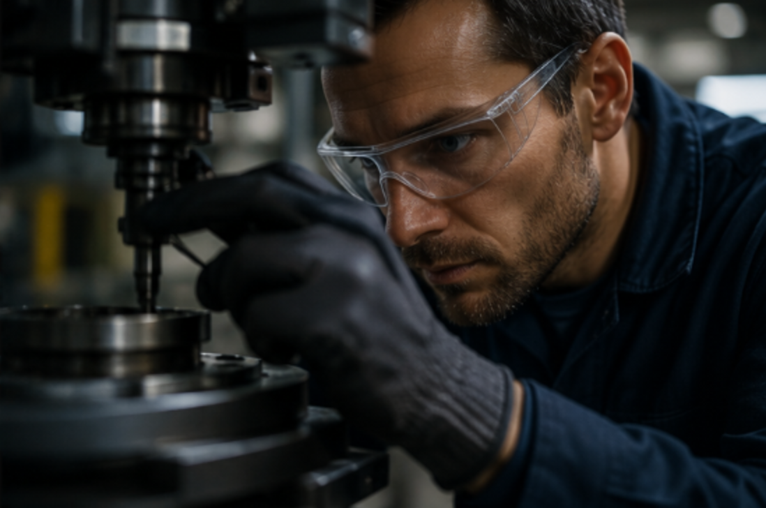 Technicien contrôlant une pièce sur une machine de précision