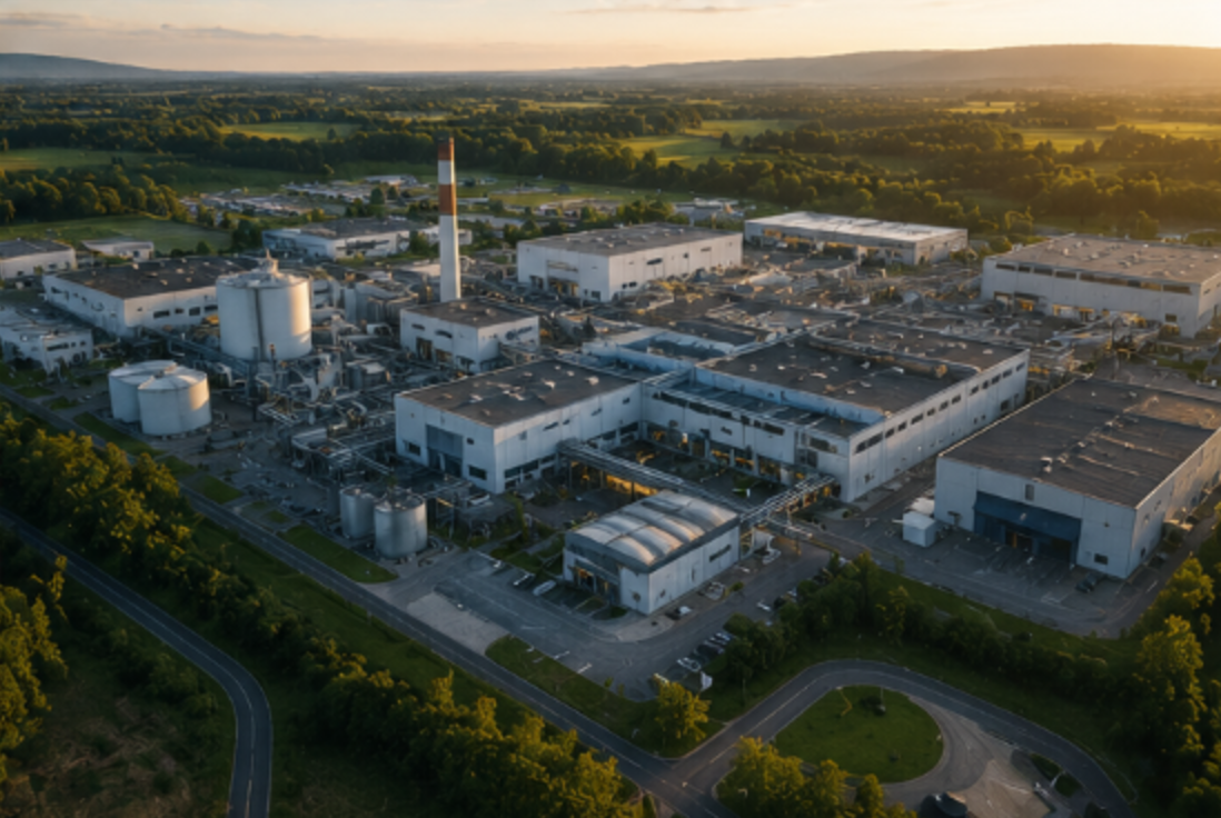 Vue aérienne d'un site industriel au crépuscule