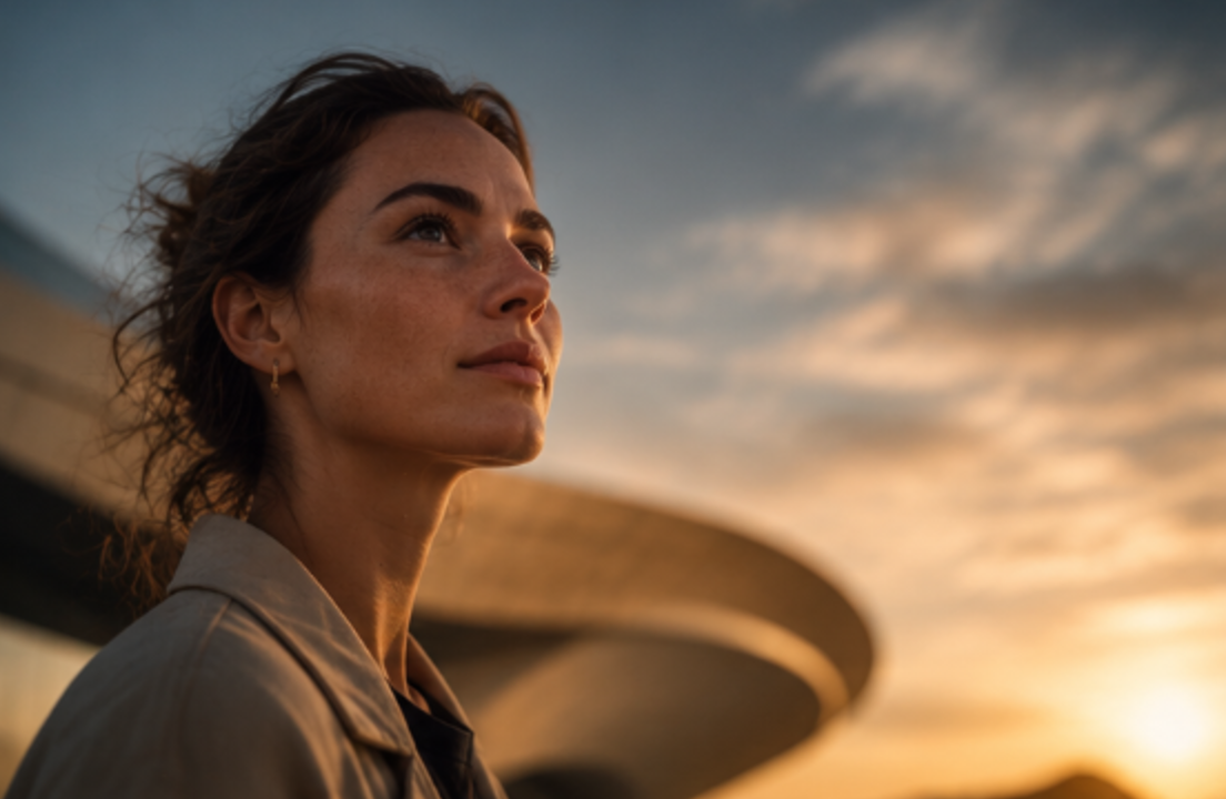 Portrait d'une femme au regard tourné vers l'horizon, lumière de fin de journée