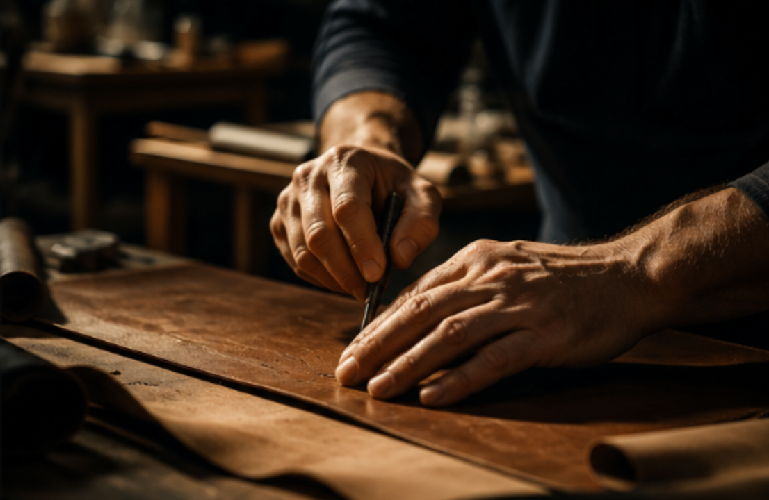 Mains d'un artisan travaillant une pièce de cuir sur un plan de travail