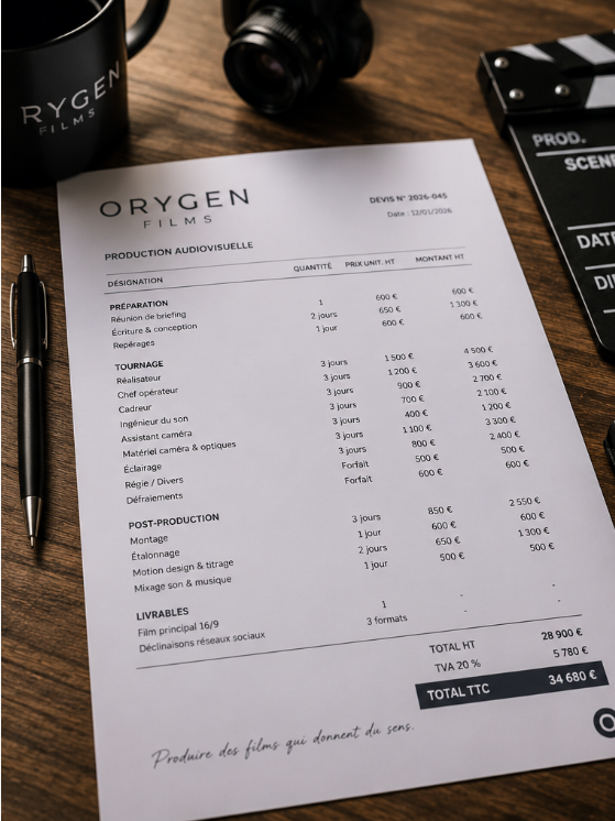 Devis de production audiovisuelle ORYGEN FILMS posé sur une table, clap de tournage et optique