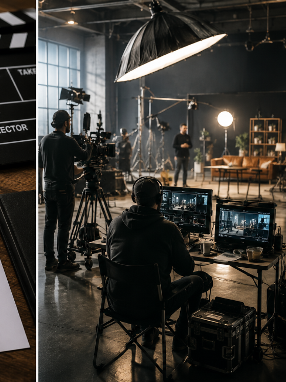 Plateau de tournage professionnel : équipe technique, caméra, éclairage et régie vidéo