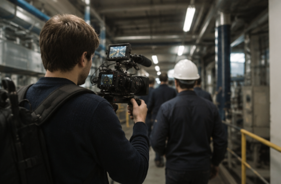 Équipe de tournage suivant des techniciens dans un site industriel
