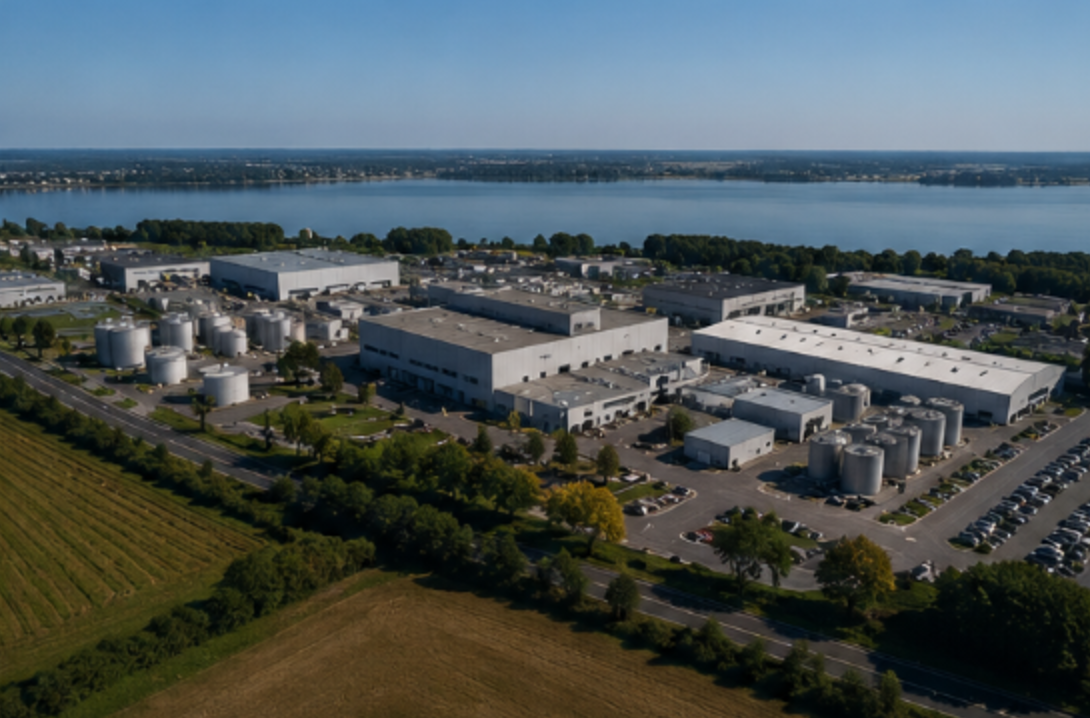 Vue aérienne d'un site industriel en bord de lac