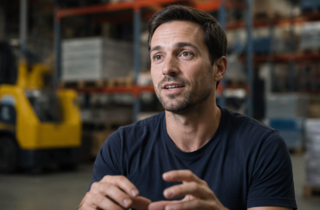Collaborateur interviewé dans un entrepôt logistique